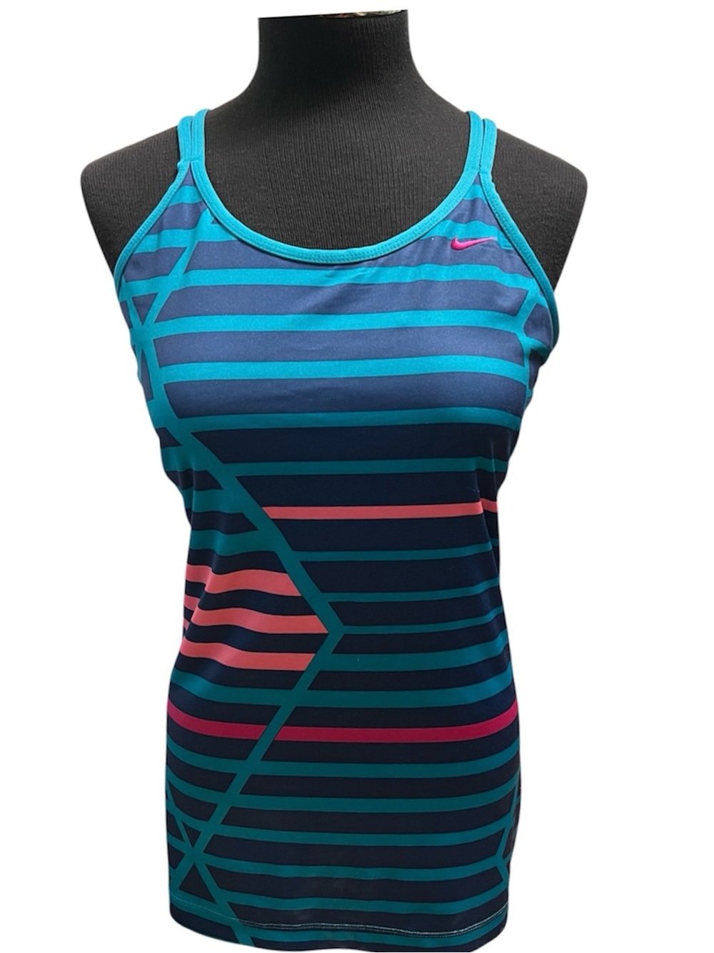Nike Teal & Navy Striped Performance Tank with Pink Accents Cross Back Straps L